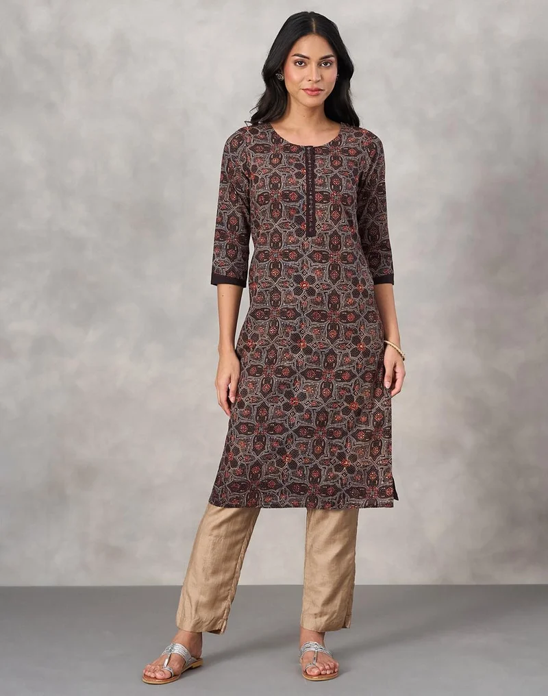 فاب انديا Black Cotton Ajrakh Printed Long Kurta