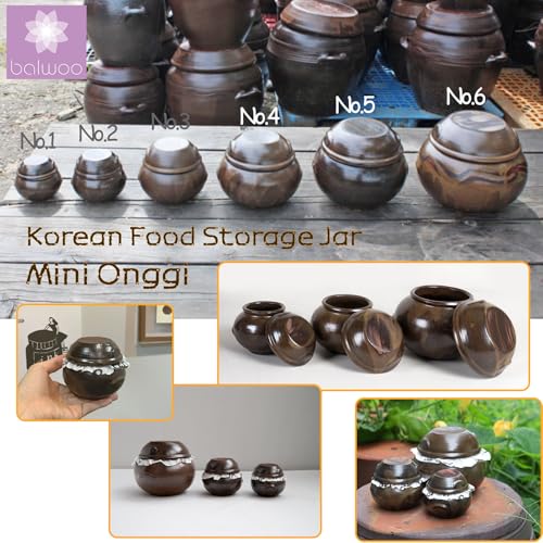BALWOO Earthenware Onggi Korean Traditional Clay Jar Ceramic Canister/Handmade Food Sauce Storage Container for Tea, Coffee Bean, Salt/Breathing Clay Pot Kimchi Fermentation Crock (No.6(H17cm)) - Image 2