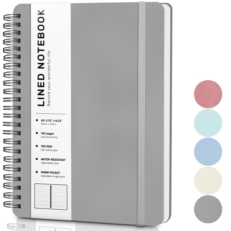 ABERLLS Gray Lined Spiral Journal Notebook with 160 Pages, 8Ã—5.7in, A5 Spiral Notebook, Journaling Notebooks for Work, School, Women, Men, College Ruled Spiral Notebook, Hardcover Leather Journals - Image 1