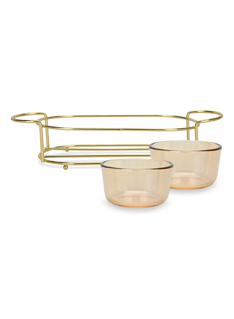 Fissman 2-Piece Glass Bowl with 1 Metal Stand Pristine Series Eid Serving Tray Food Display Dessert Appetizer Serving Bowl Fruit Chip Dip Bowl Set Countertop Holder 240ml/26x6.2x5.7cm