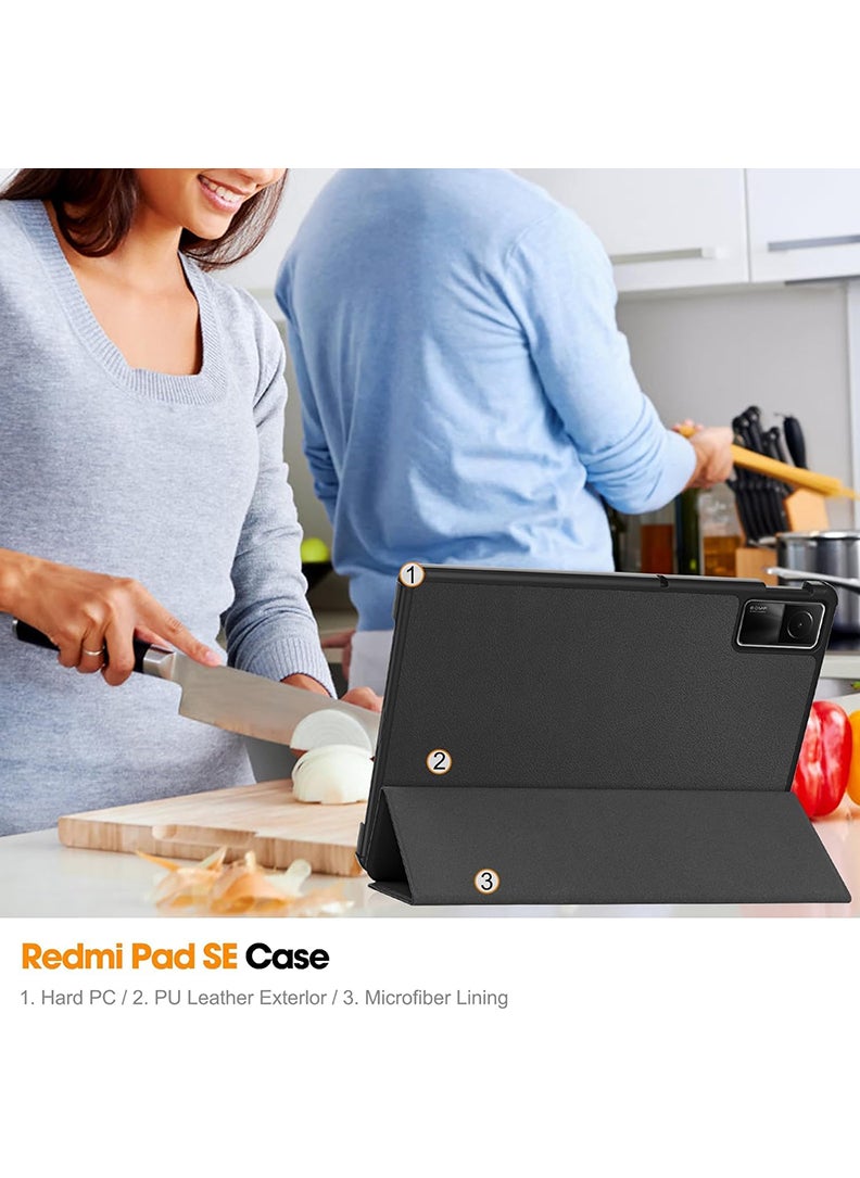 Theodor Protective Flip Case For Xiaomi Redmi Pad SE With Trifold Stand Auto Wake Sleep Shockproof Cover Black  - Image 4