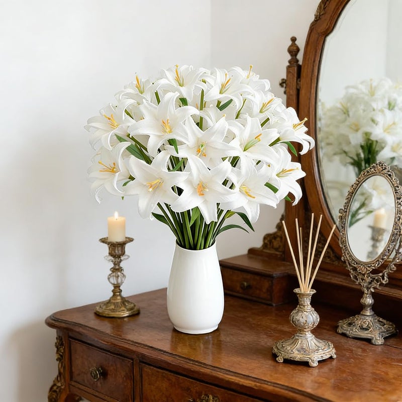 Tinsow 20Pcs Artificial Lily Real Touch Flowers Fake Latex Lily Flowers White Mini Lily for Wedding Home Decoration Small Easter Lily - Image 4