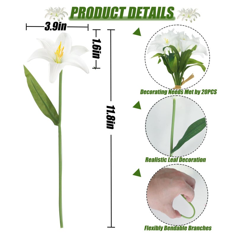 Tinsow 20Pcs Artificial Lily Real Touch Flowers Fake Latex Lily Flowers White Mini Lily for Wedding Home Decoration Small Easter Lily - Image 2