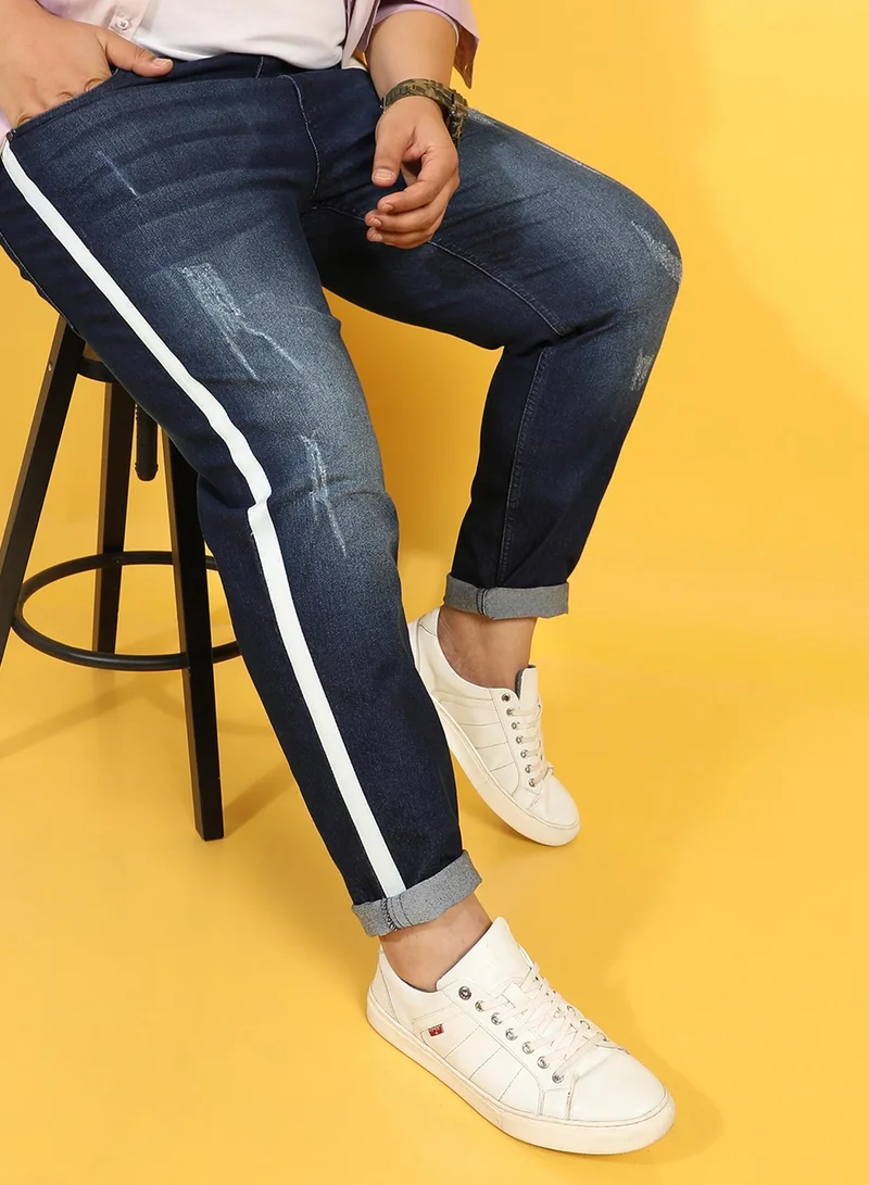 Instafab Plus Instafab Plus Men's Navy Blue Side-Striped Denim Jeans For Casual Wear | Dark-Wash | Plus-Size Fit | Button Closure | Plus-Size Denim Jeans Crafted With Comfort Fit For Everyday Wear