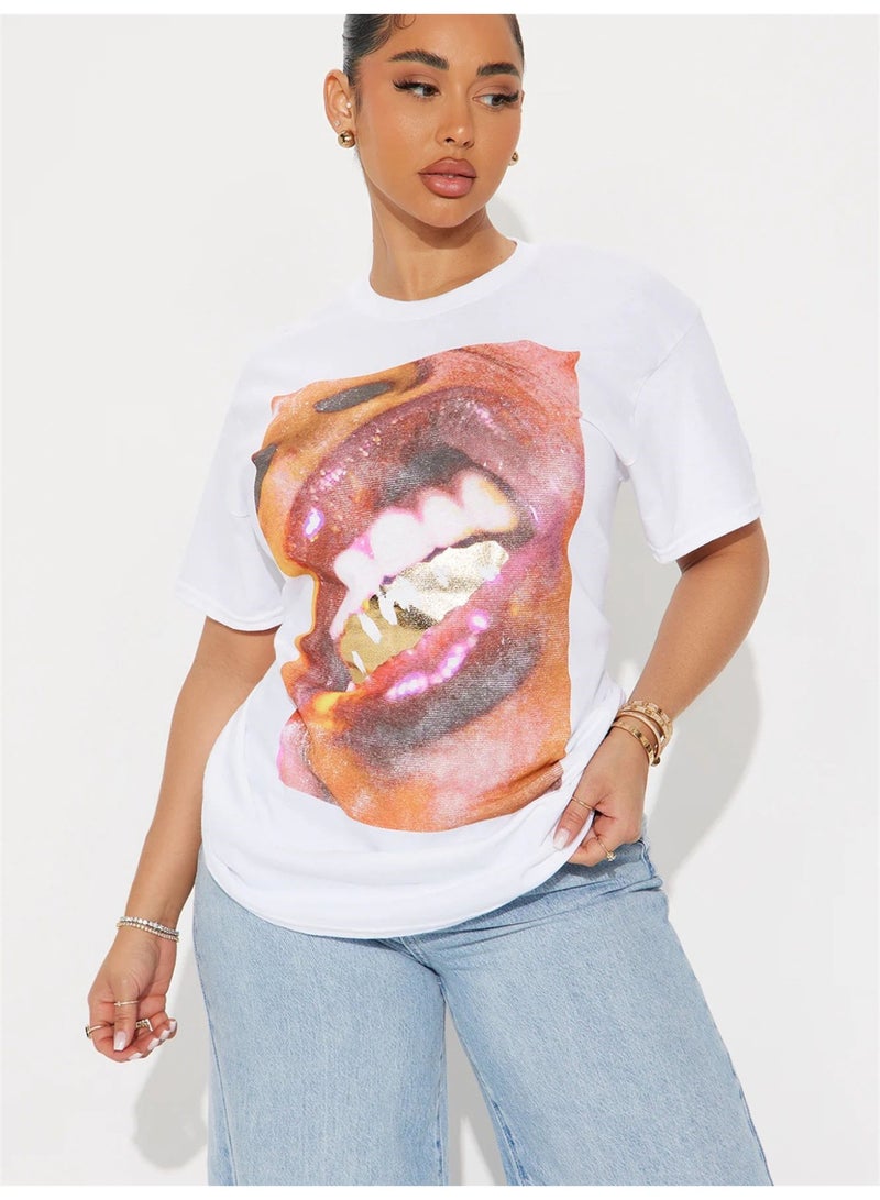 Women's  Mesh Digital Graphic Printed T-shirts V-neck Half Sleeve Loose Tee Tops Outdoor Oversized Casual Clothes - Image 1