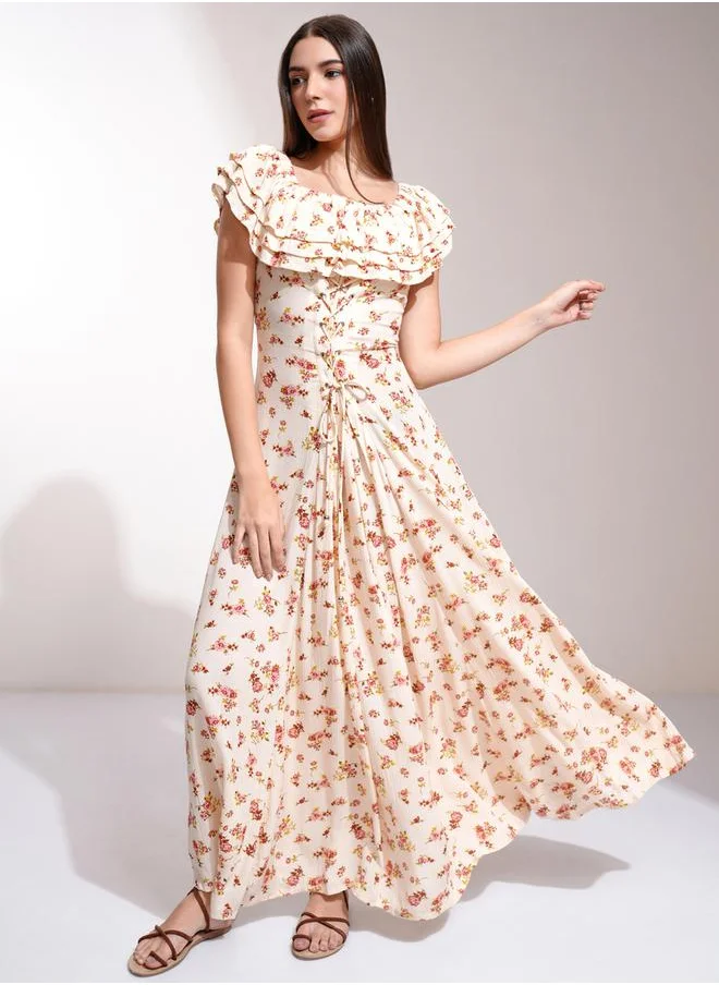 Tokyo Talkies Floral Print A-Line Maxi Dress with Waist Tie-Up Detail