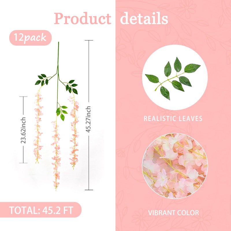 Luerbi Light Pink Artificial Wisteria Flower Vines  3.77 Feet Light Pink Wisteria Hanging Flowers Garland  12 Pack Fake Light Pink Wisteria  Hanging Vines for Photo Backdrop  Light Pink Wisteria Garland - Image 2