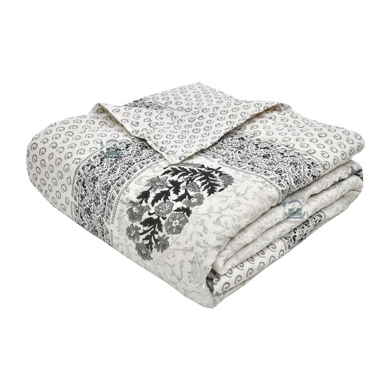 AARMOZY Pure Cotton Jaipuri Razai Single Bed Hand Block Floral Buta Bail Print Quilt Blanket Black 60x90 inche - Image 1
