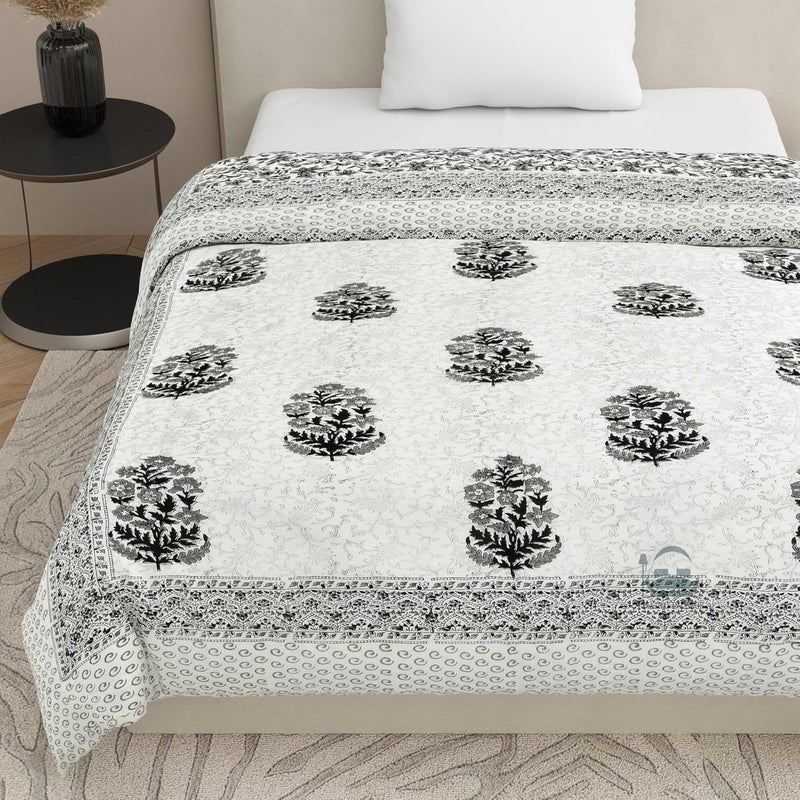 AARMOZY Pure Cotton Jaipuri Razai Single Bed Hand Block Floral Buta Bail Print Quilt Blanket Black 60x90 inche - Image 4