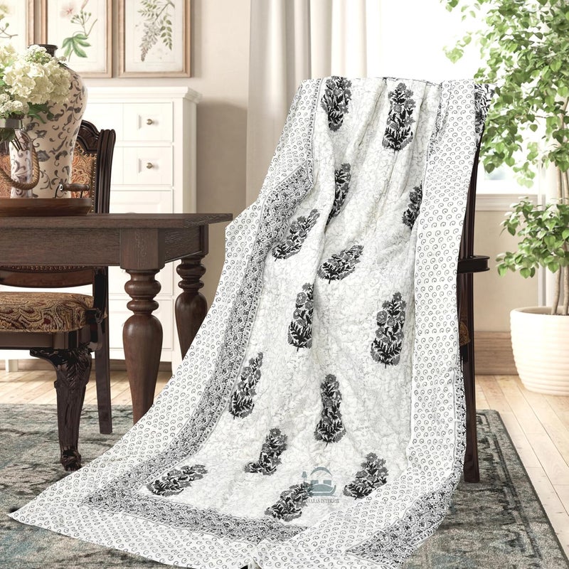 AARMOZY Pure Cotton Jaipuri Razai Single Bed Hand Block Floral Buta Bail Print Quilt Blanket Black 60x90 inche - Image 2