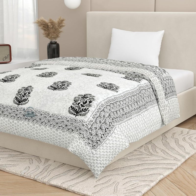 AARMOZY Pure Cotton Jaipuri Razai Single Bed Hand Block Floral Buta Bail Print Quilt Blanket Black 60x90 inche - Image 3