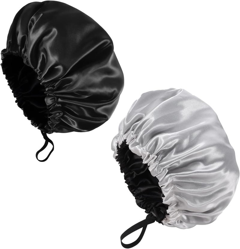 Fuyamp 2 Packs Satin Sleep Cap Shower CapAdjustable Silky Sleep Bonnet Bath Cap for Women Long Curly Hair DoubleSided Waterproof Satin Hair Cap for Women Bathing Sleeping