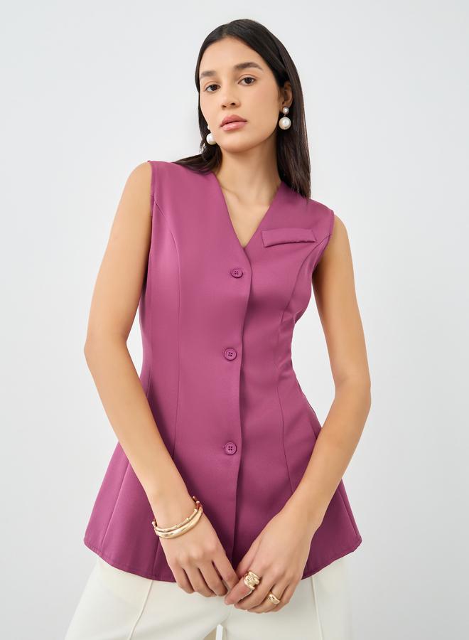 Styli Solid V-Neck Sleeveless Waistcoat - Image 1