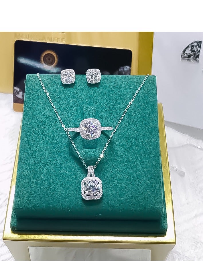 Elegant Square-Cut Cubic Zirconia Jewelry Set - Necklace, Ring & Stud Earrings Trio with Rainbow Prong Setting, Minimalist Geometric Gift for Women rhinestones studded pendant earrings and ring party holiday birthday gifts - Image 1