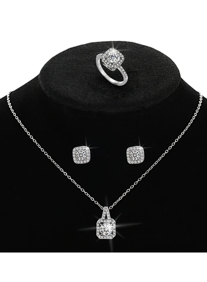 Elegant Square-Cut Cubic Zirconia Jewelry Set - Necklace, Ring & Stud Earrings Trio with Rainbow Prong Setting, Minimalist Geometric Gift for Women rhinestones studded pendant earrings and ring party holiday birthday gifts - Image 3