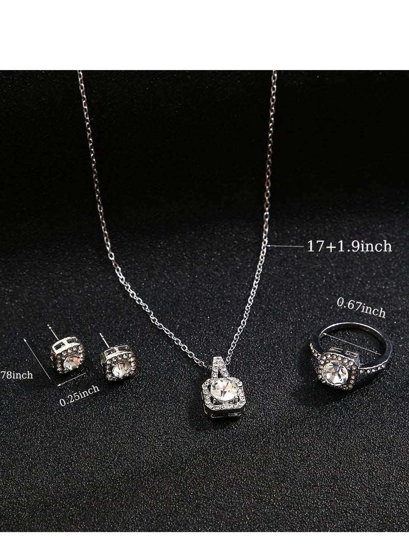 Elegant Square-Cut Cubic Zirconia Jewelry Set - Necklace, Ring & Stud Earrings Trio with Rainbow Prong Setting, Minimalist Geometric Gift for Women rhinestones studded pendant earrings and ring party holiday birthday gifts - Image 2