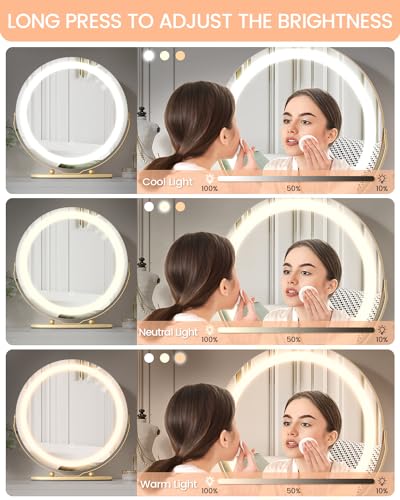 GAOMON Vanity Mirror with Led Lights, 19 Inches Touch Control 3 Color 2024 New Dimmable Makeup Mirror, 360°Rotation Round Desk Mirror, Easy to Assemble (Gold) - Image 3