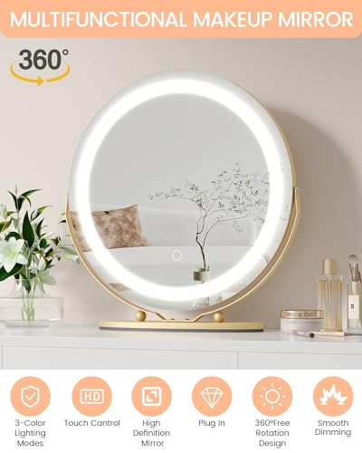 GAOMON Vanity Mirror with Led Lights, 19 Inches Touch Control 3 Color 2024 New Dimmable Makeup Mirror, 360°Rotation Round Desk Mirror, Easy to Assemble (Gold) - Image 4