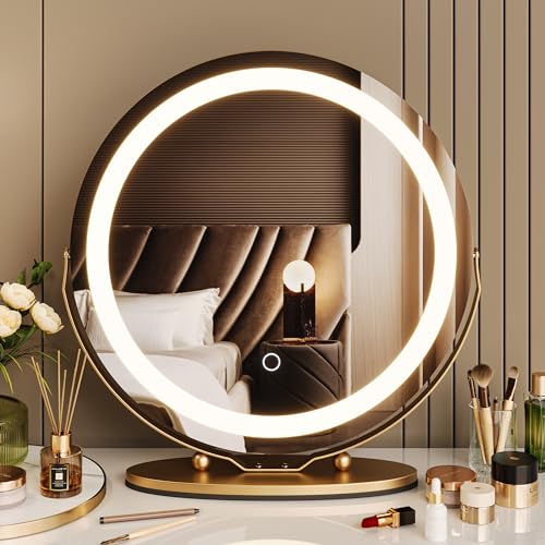 GAOMON Vanity Mirror with Led Lights, 19 Inches Touch Control 3 Color 2024 New Dimmable Makeup Mirror, 360°Rotation Round Desk Mirror, Easy to Assemble (Gold) - Image 1