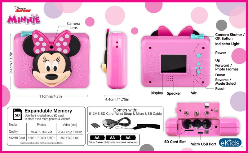 eKids Minnie Mouse Kids Camera with SD Card, Digital Camera for Kids with Video Recording and Built-in Digital Stickers (Minnie) - Image 3