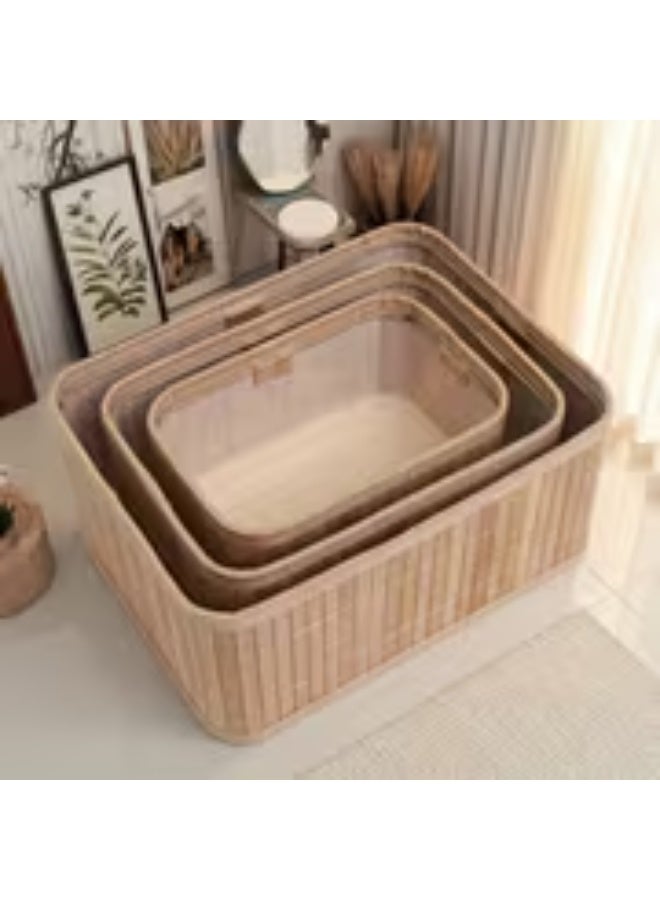 إيروريكس طقم 3 سلال خيزران قابلة للتكديس – سلال ريفية بطابع كوتيدجكور وفارمهاوس بتصميم فينتج، تخزين منسوج للمخزن والأرفف والخزائن، طقم منظمات متداخلة بملمس يدوي - Image 4