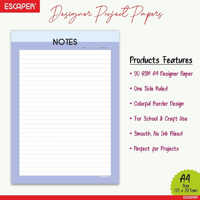ESCAPER أوراق مصممة A4 – ورق كتابة 90 GSM – جانب واحد مسطر وجانب واحد فارغ – لمشاريع المدرسة، الواجبات، الاستخدام المكتبي والطباعة (ثيم باستيل، 100 ورقة (25 لكل تصميم)) - Image 3