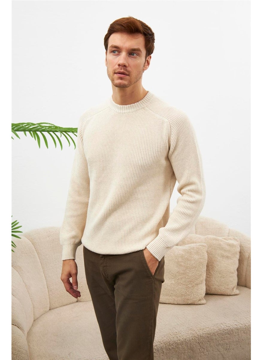 Odelon - Crew Neck Selanik Knitted Cotton Men's Cream Knitwear Sweater - Image 1