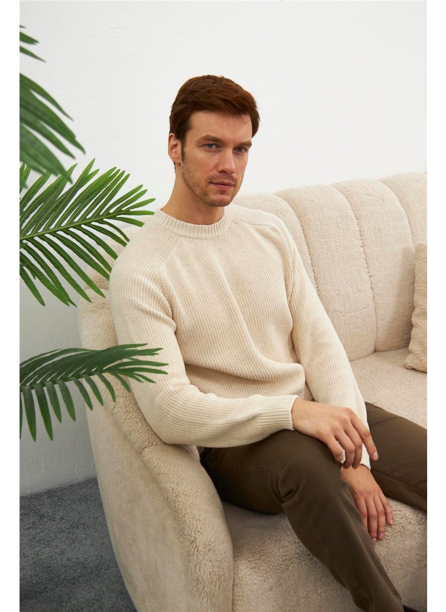 Odelon - Crew Neck Selanik Knitted Cotton Men's Cream Knitwear Sweater - Image 1