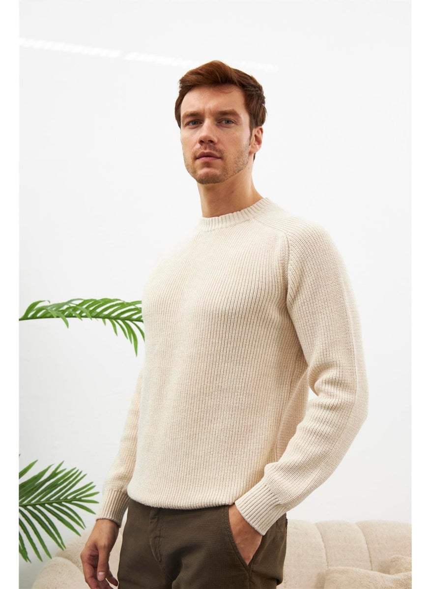 Odelon - Crew Neck Selanik Knitted Cotton Men's Cream Knitwear Sweater - Image 1