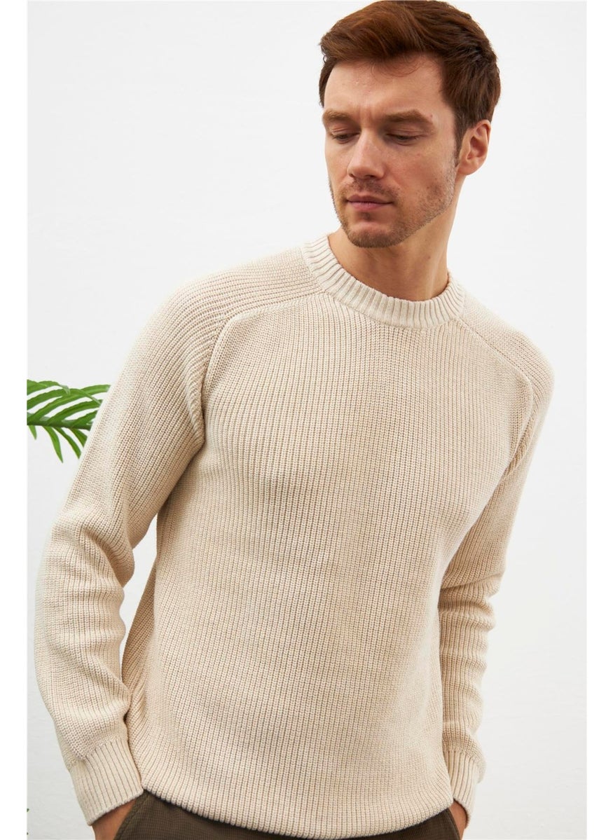 Odelon - Crew Neck Selanik Knitted Cotton Men's Cream Knitwear Sweater - Image 1