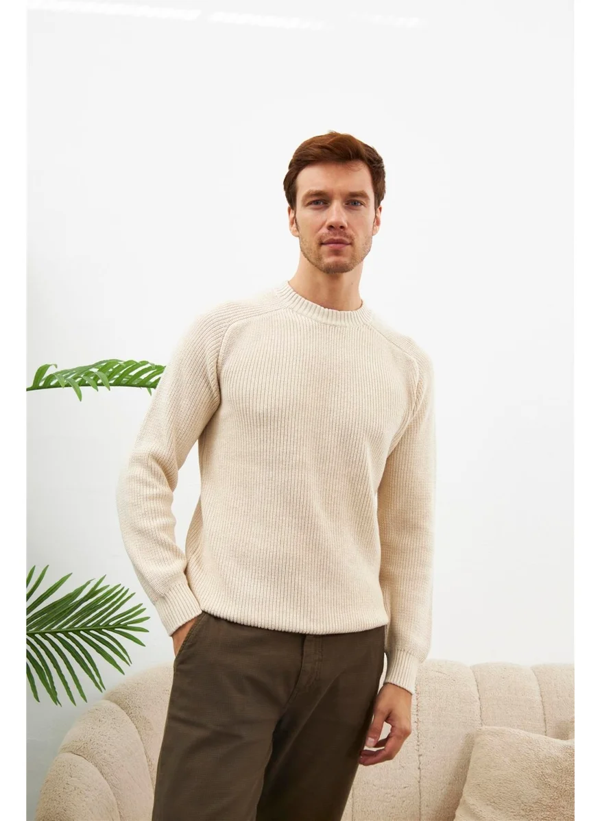 Odelon Crew Neck Selanik Knitted Cotton Men's Cream Knitwear Sweater