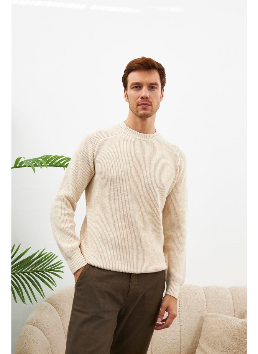 Odelon - Crew Neck Selanik Knitted Cotton Men's Cream Knitwear Sweater - Image 1