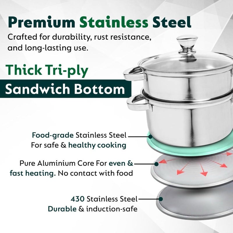QSEC Triply Stainless 2-Tier Steamer | 20 cm / 3 L Glass-Lid | Momo, Modak, Veggie Cooker | Induction & Gas Compatible - Image 5