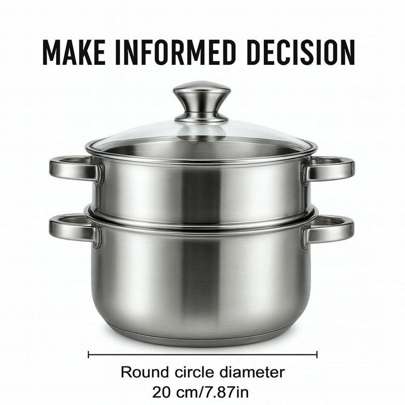 QSEC Triply Stainless 2-Tier Steamer | 20 cm / 3 L Glass-Lid | Momo, Modak, Veggie Cooker | Induction & Gas Compatible - Image 3