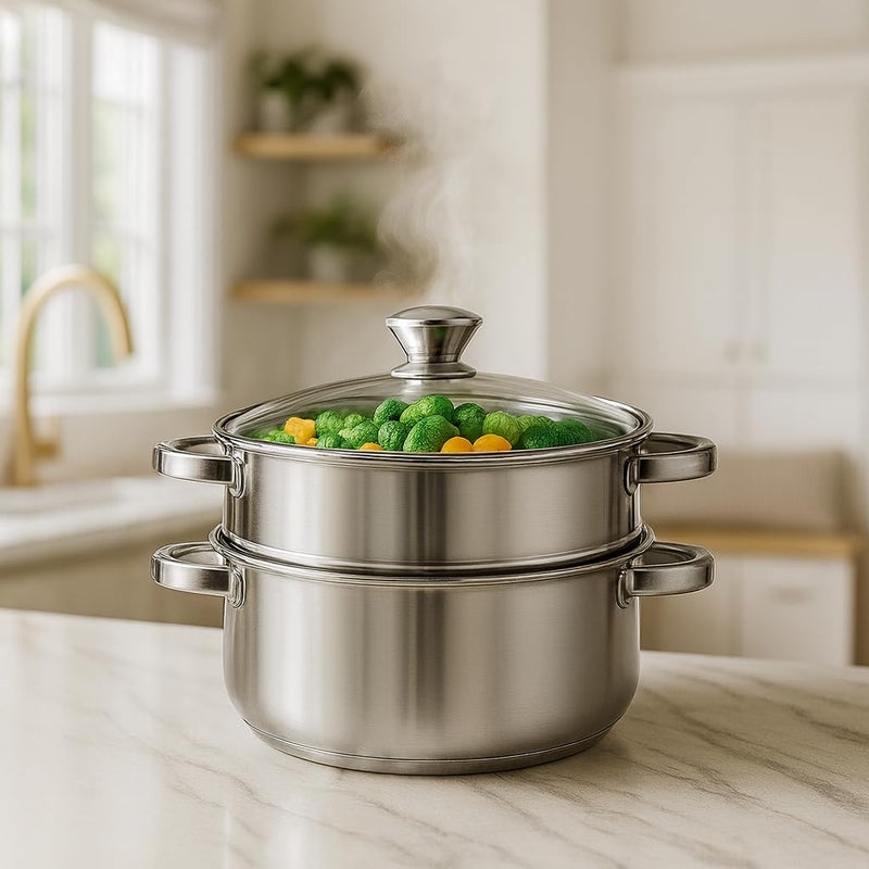QSEC Triply Stainless 2-Tier Steamer | 20 cm / 3 L Glass-Lid | Momo, Modak, Veggie Cooker | Induction & Gas Compatible - Image 2