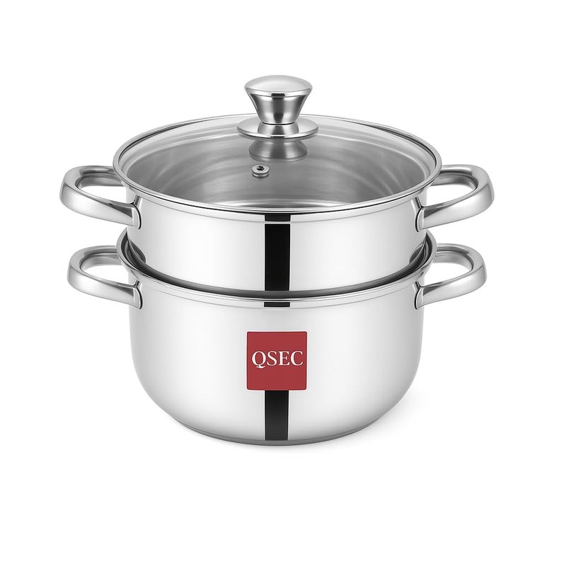 QSEC Triply Stainless 2-Tier Steamer | 20 cm / 3 L Glass-Lid | Momo, Modak, Veggie Cooker | Induction & Gas Compatible - Image 1