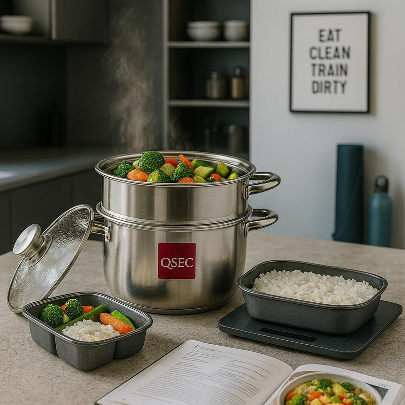 QSEC Triply Stainless 2-Tier Steamer | 20 cm / 3 L Glass-Lid | Momo, Modak, Veggie Cooker | Induction & Gas Compatible - Image 4