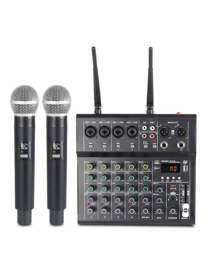 وحدة مزج الصوت الاحترافية ZFSZ F6X ذات 6 قنوات مع ميكروفونين لاسلكيين UHF - بلوتوث مدمج، 4 مداخل XLR مدمجة، مرشح ترددات منخفضة (HPF)، طاقة فانتوم +48V، واجهة بطاقة صوت USB MP3، نظام صوتي مدمج بتأثيرات الصدى والتأخير الرقمي، مخصص للبث المباشر، مسرح الفرق الموسيقية، والكاريوكي - Image 1