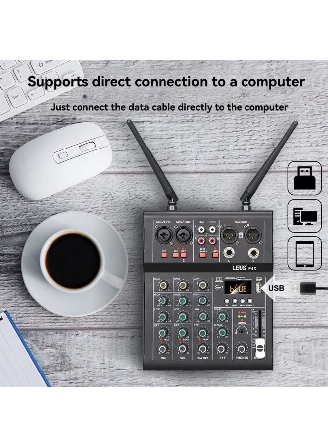 وحدة مزج الصوت الاحترافية ZFSZ F6X ذات 6 قنوات مع ميكروفونين لاسلكيين UHF - بلوتوث مدمج، 4 مداخل XLR مدمجة، مرشح ترددات منخفضة (HPF)، طاقة فانتوم +48V، واجهة بطاقة صوت USB MP3، نظام صوتي مدمج بتأثيرات الصدى والتأخير الرقمي، مخصص للبث المباشر، مسرح الفرق الموسيقية، والكاريوكي - Image 5