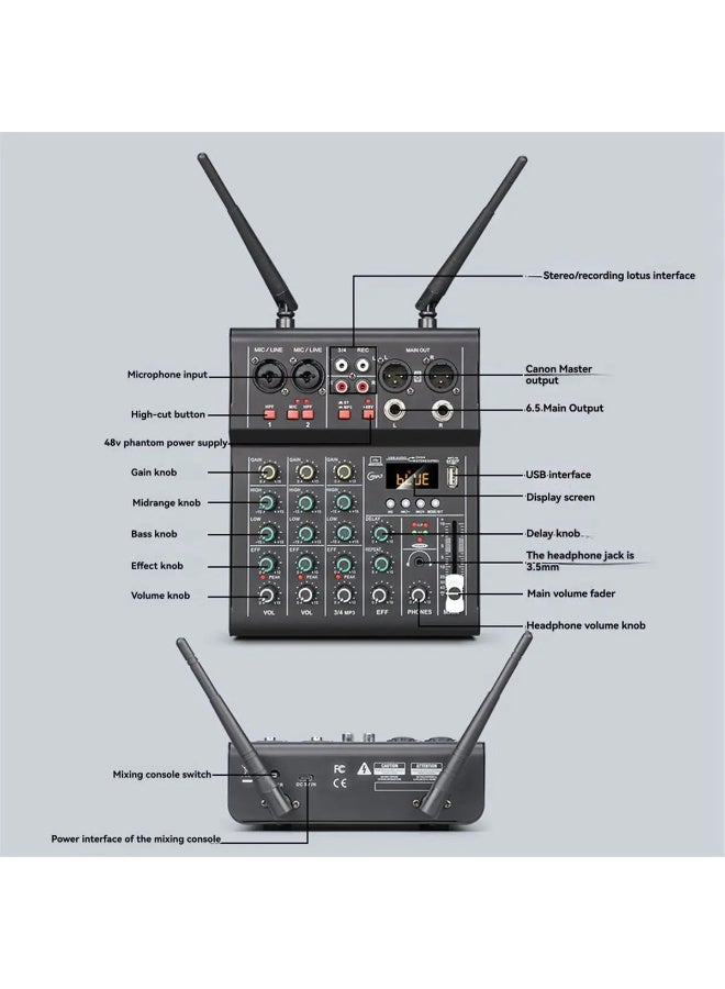 وحدة مزج الصوت الاحترافية ZFSZ F6X ذات 6 قنوات مع ميكروفونين لاسلكيين UHF - بلوتوث مدمج، 4 مداخل XLR مدمجة، مرشح ترددات منخفضة (HPF)، طاقة فانتوم +48V، واجهة بطاقة صوت USB MP3، نظام صوتي مدمج بتأثيرات الصدى والتأخير الرقمي، مخصص للبث المباشر، مسرح الفرق الموسيقية، والكاريوكي - Image 2