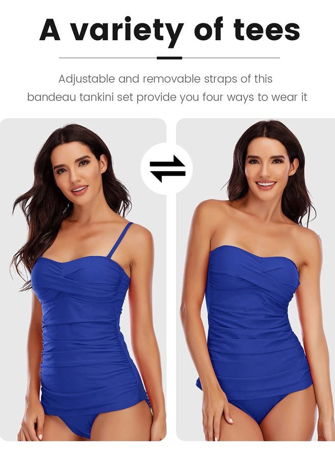 Shuangyu Women's Twist Front Bandeau Tankini Set Two Pieces Ruched Tummy Control Suimsuit with Mid Waist Briefs, C-navy Blue, M - Image 3