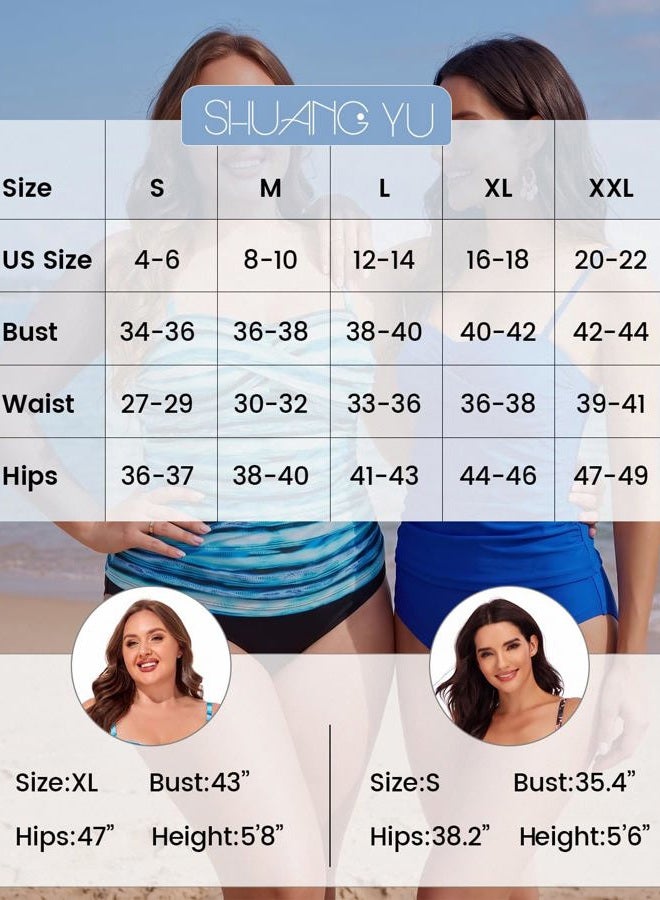 Shuangyu Women's Twist Front Bandeau Tankini Set Two Pieces Ruched Tummy Control Suimsuit with Mid Waist Briefs, C-navy Blue, M - Image 5