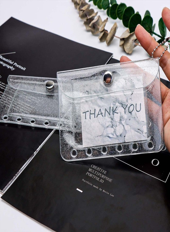 Mogoostry A7 Binder Pockets 3PCS Clear Coin Purse 6 Holes Binder Pouches Snap Closure Clear Glitter Wallet Card Holder Keychain Pouch Organizer - Image 3