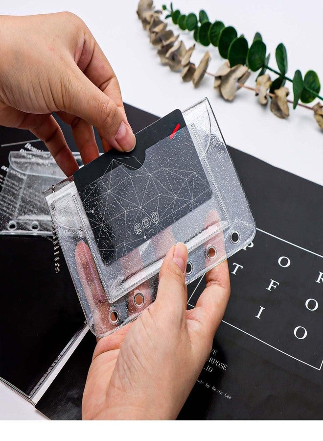 Mogoostry A7 Binder Pockets 3PCS Clear Coin Purse 6 Holes Binder Pouches Snap Closure Clear Glitter Wallet Card Holder Keychain Pouch Organizer - Image 4