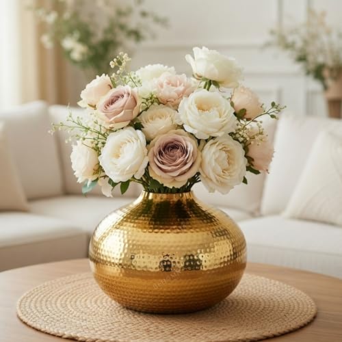 BEHOMA Metal Round Flower Vase for Home Decor | Table Decorative Item for Bedroom Living Room Office | Best Gift for Wedding Festivals Birthday | Golden Large 1PC (Flower not Included) - Image 1