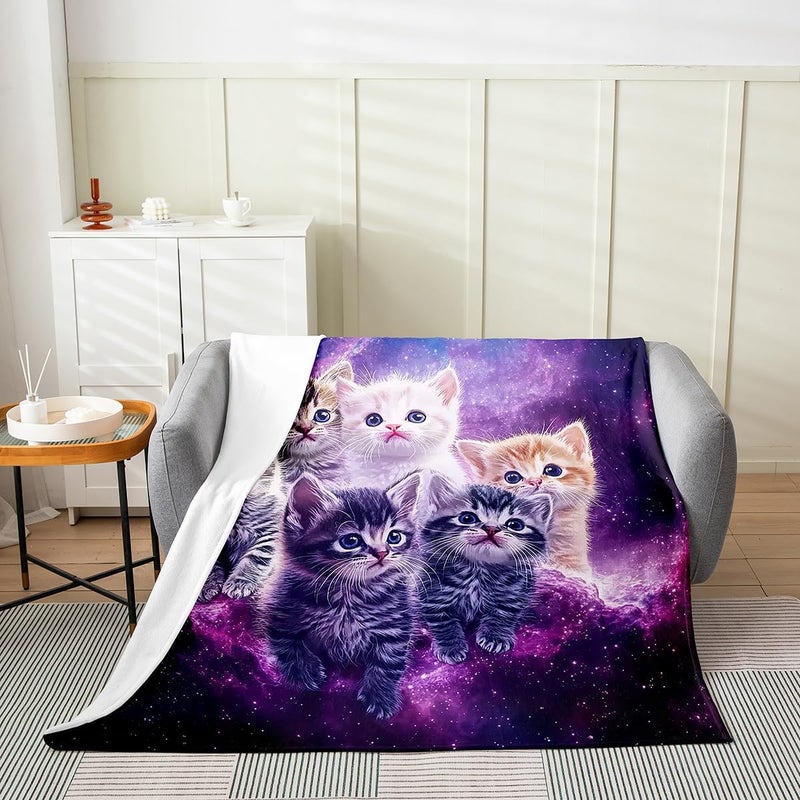 Feelyou Pet Cats Fleece Throw Blanket,All Season Cat Purple Galaxy Bed Blanket Cute Kitten Print Fuzzy Blanket for Bed Sofa Couch,Bedroom Decor Plush Blanket 3D Animal Theme 40"x50" - Image 3