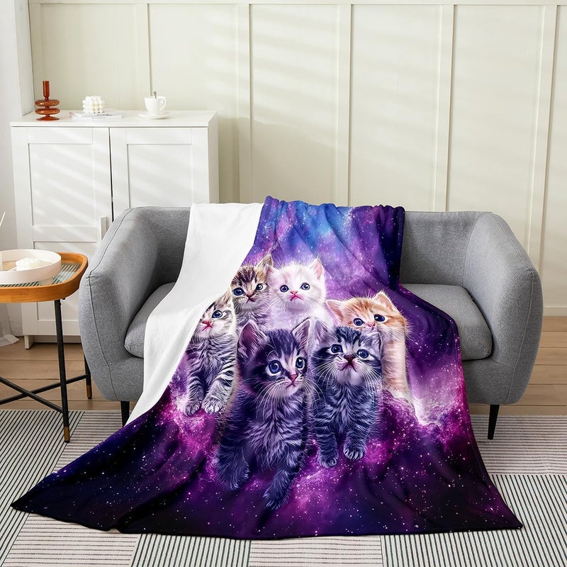 Feelyou Pet Cats Fleece Throw Blanket,All Season Cat Purple Galaxy Bed Blanket Cute Kitten Print Fuzzy Blanket for Bed Sofa Couch,Bedroom Decor Plush Blanket 3D Animal Theme 40"x50" - Image 1