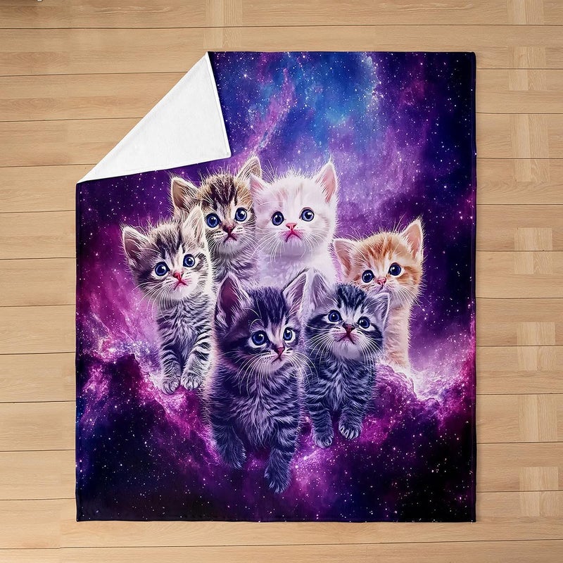 Feelyou Pet Cats Fleece Throw Blanket,All Season Cat Purple Galaxy Bed Blanket Cute Kitten Print Fuzzy Blanket for Bed Sofa Couch,Bedroom Decor Plush Blanket 3D Animal Theme 40"x50" - Image 2