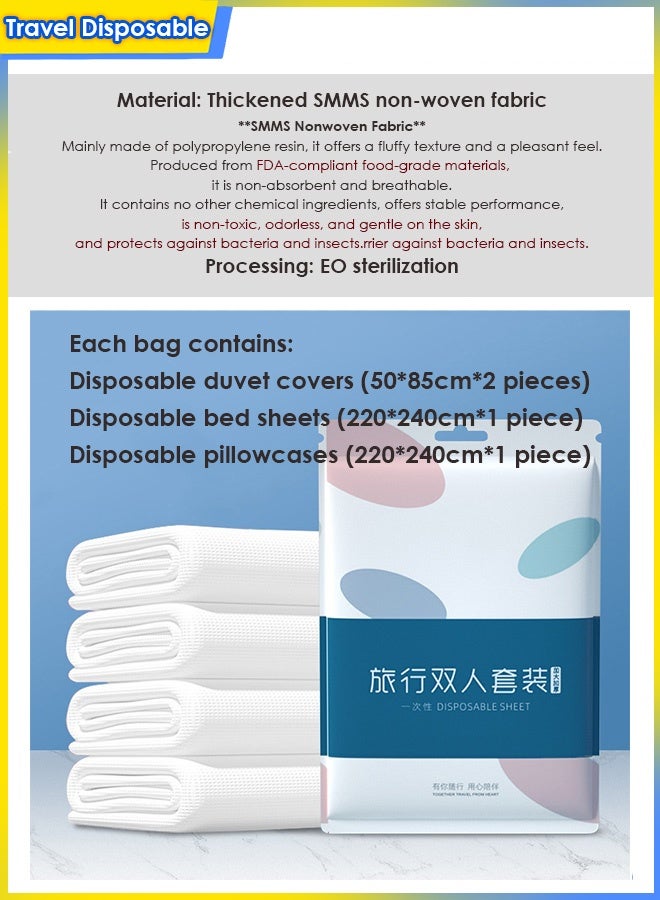طقم ملاءات سرير محمولة للاستخدام مرة واحدة مكون من 4 قطع، طقم مفروشات أساسي للسفر، طقم متكامل يشمل غطاء لحاف وأغطية وسائد، مناسب للسفر، رحلات العمل، الفنادق، التخييم، سرير بحجم كينج، منتجع صحي، سفر الأعمال، سرير مفرد أو مزدوج، أبيض - Image 2