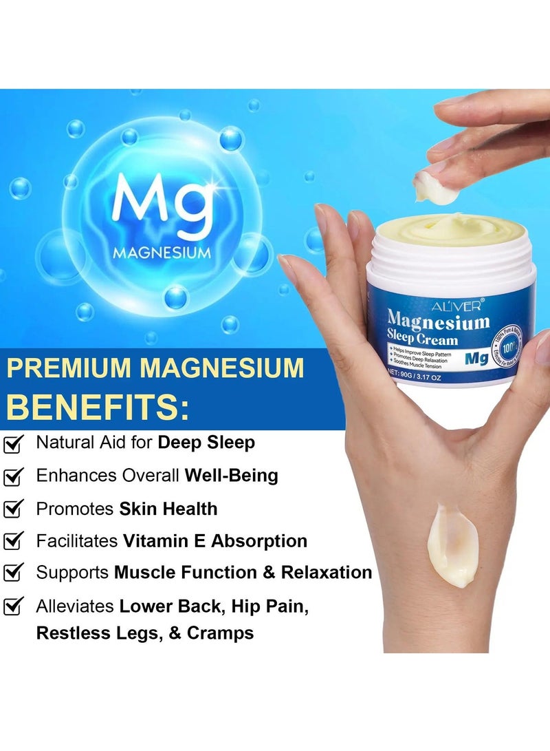 ALIVER كريم النوم بالمغنيسيوم 90 جرام - كريم جسم مغنيسيوم نقي 100% طبيعي لتحسين النوم وتخفيف الاسترخاء وتخفيف توتر العضلات كريم مغنيسيوم عضوي للساقين والذراعين والرقبة والمعصم والفخذ - Image 2